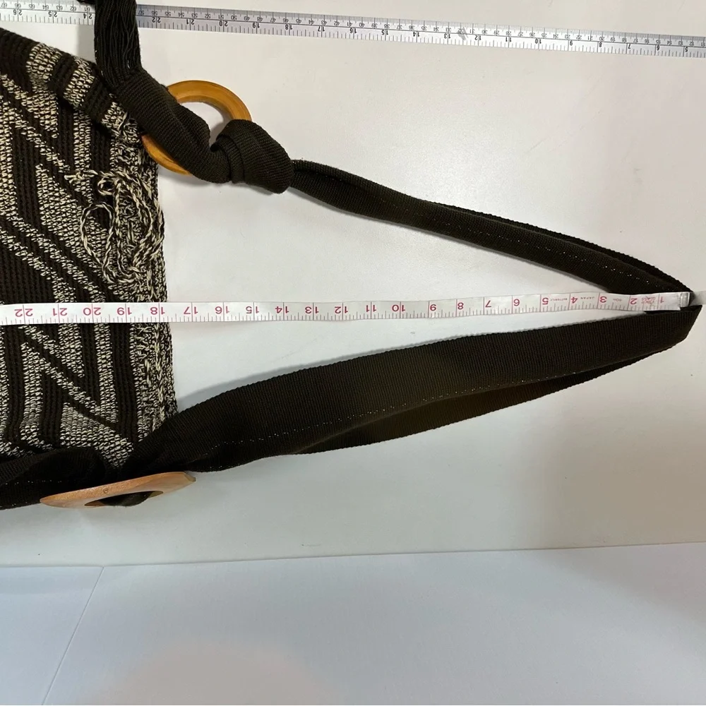 HIPPIE Bucket Bag 16X12x9 Brown Geometric 20”AdjStrap Woven Drawstring Y2K